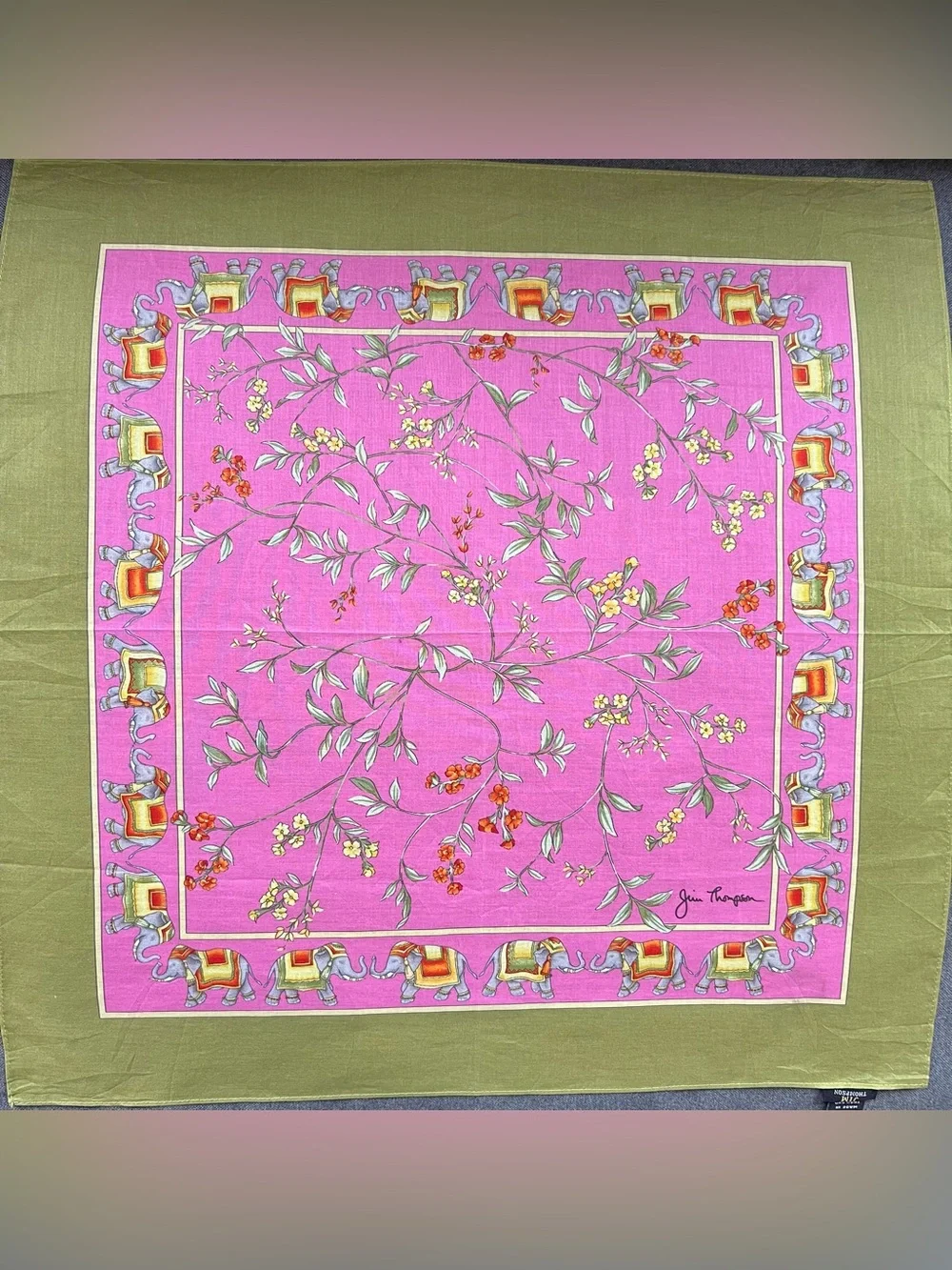 Jim Thompson Hot Pink Floral Cotton Scarf with Elephant Border